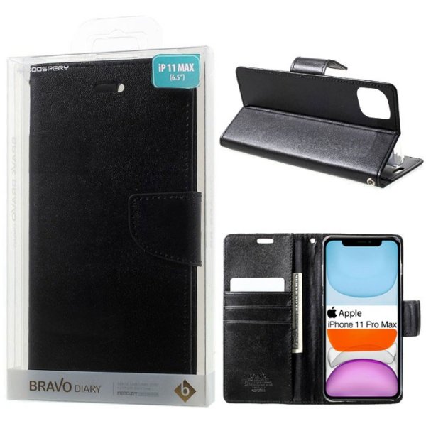 CUSTODIA per APPLE IPHONE 11 PRO MAX (6.5") - FLIP ORIZZONTALE SIMILPELLE CON INTERNO IN TPU E STAND NERO BRAVO MERCURY BLISTER