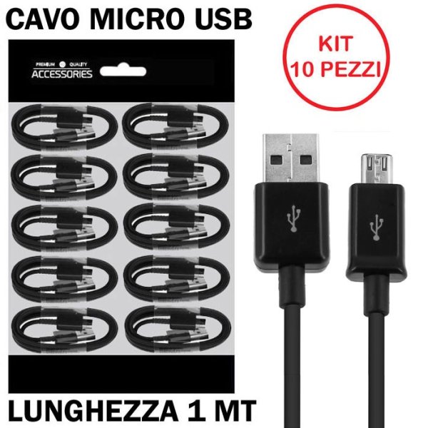 CAVO MICRO USB - LUNGHEZZA 1 MT COLORE NERO CONFEZIONATO IN BUSTINA KIT 10 PEZZI