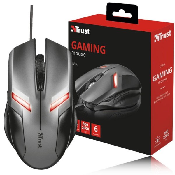 MOUSE OTTICO GAMING USB 2.0 TRUST 21512 CON RISOLUZIONE REGOLABILE DA 800 A 2000dpi, ILLUMINAZIONE A LED E 6 TASTI NERO BLISTER