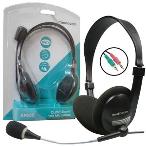 CUFFIA STEREO A FASCIA PER PC CON MICROFONO REGOLABILE LUNGHEZZA CAVO 1,8MT COLORE NERO AP855 MEDIACOM BLISTER