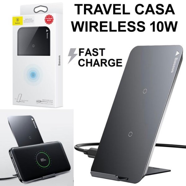 TRAVEL CASA WIRELESS 10W FAST CHARGING BASEUS WXHSD-01 CON STAND CERTIFICATO QI PER DISPOSITIVI CON TECNOLOGIA QI NERO