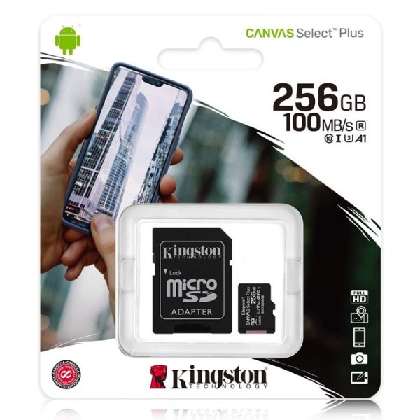 MEMORY CARD MICRO SDXC U1 A1 256GB + ADATTATORE CLASSE 10 VELOCITA' IN LETTURA FINO A 100MB/s FULL HD SDCS2/256GB KINGSTON