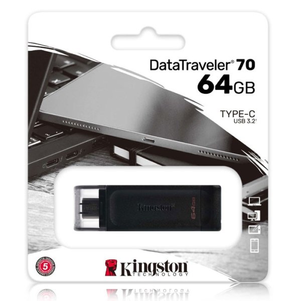 PEN DRIVE 64GB USB-C 3.2 GEN 1 - CAPPUCCIO DI PROTEZIONE USB E ASOLA DI AGGANCIO COLORE NERO DT70/64GB KINGSTON