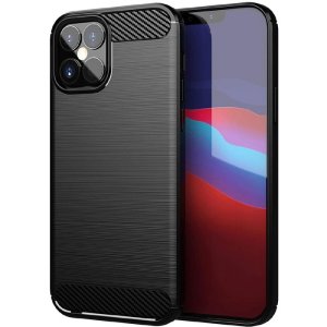 CUSTODIA per APPLE IPHONE 12, IPHONE 12 PRO (6.1") IN GEL TPU EFFETTO METALLICO CON INSERTI IN FANTASIA CARBONIO COLORE NERO