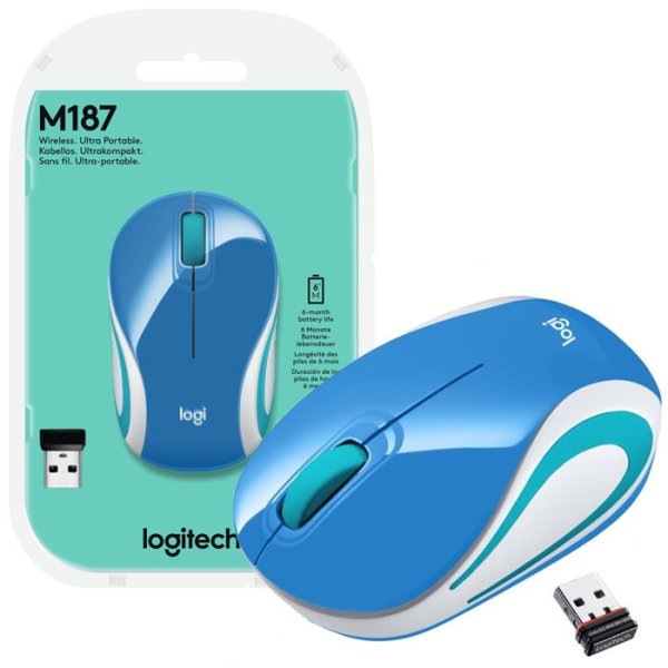 MINI MOUSE OTTICO WIRELESS 2.4GHz USB 2.0 M187 LOGITECH RISOLUZIONE 1000DPI E RAGGIO DI AZIONE 10 METRI BLU, BIANCO E GRIGIO