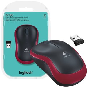 MOUSE OTTICO WIRELESS 2.4GHz USB M185 LOGITECH CON RAGGIO DI AZIONE 10 METRI 1000 DPI NERO E ROSSO 910-002237 BLISTER