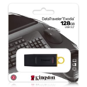 PEN DRIVE 128 GB USB 3.2 GEN 1, CAPPUCCIO DI PROTEZIONE USB COLORE NERO CON ASOLA DI AGGANCIO GIALLA KINGSTON EXODIA BLISTER