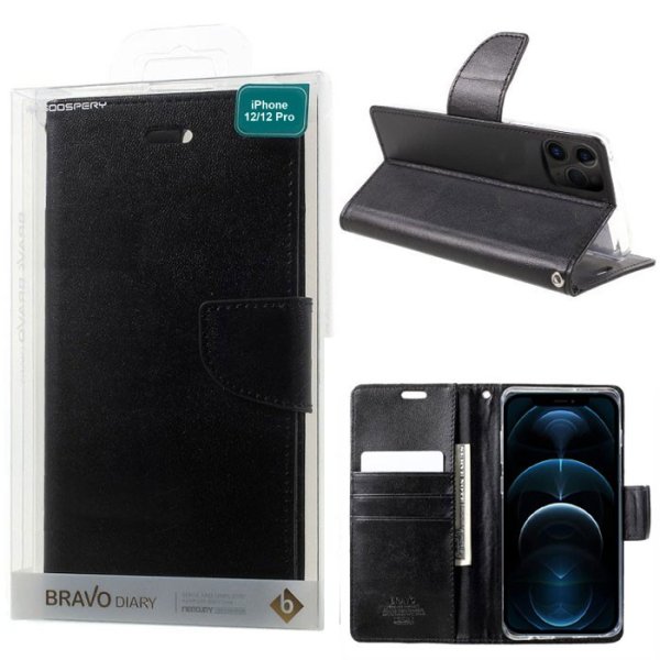 CUSTODIA per APPLE IPHONE 12, IPHONE 12 PRO (6.1") - FLIP ORIZZONTALE SIMILPELLE CON INTERNO IN TPU E STAND NERO BRAVO MERCURY