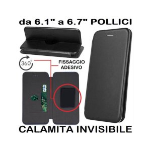 CUSTODIA FLIP ORIZZONTALE UNIVERSALE CON FISSAGGIO ADESIVO, CHIUSURA MAGNETICA INVISIBILE E ROTAZIONE 360° - 167x79mm NERA