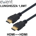 CAVO HDMI MASCHIO/HDMI MASCHIO 19 PIN 2.0 CON ETHERNET 3D 4K/2K 60HZ CONNETTORI PLACCATI ORO - LUNGHEZZA 1,8MT NERO EWENT