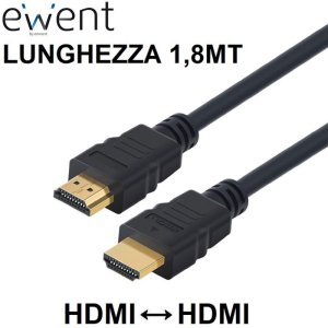 CAVO HDMI MASCHIO/HDMI MASCHIO 19 PIN 2.0 CON ETHERNET 3D 4K/2K 60HZ CONNETTORI PLACCATI ORO - LUNGHEZZA 1,8MT NERO EWENT