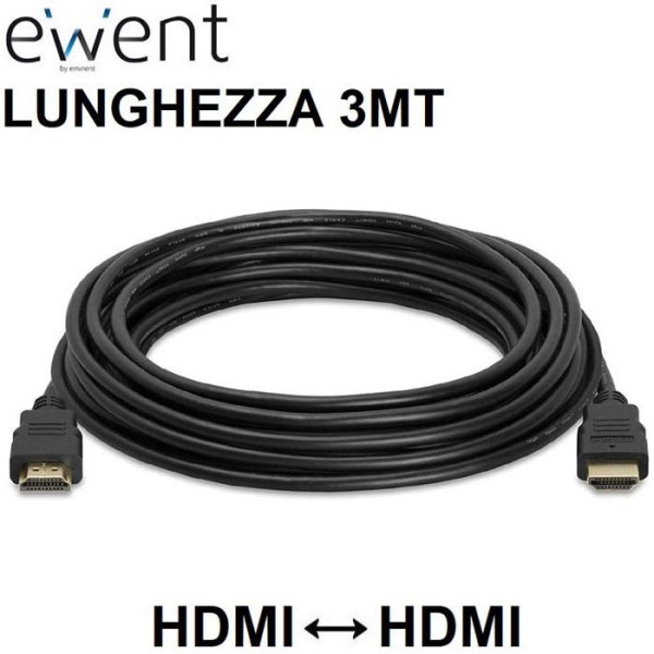 CAVO HDMI MASCHIO / HDMI MASCHIO 19 PIN CON ETHERNET 3D 4K ULTRA HD 30HZ CON CONNETTORI PLACCATI ORO - LUNGHEZZA 3MT NERO EWENT