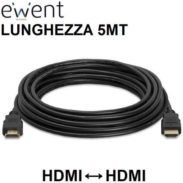 CAVO HDMI MASCHIO / HDMI MASCHIO 19 PIN CON ETHERNET 3D 4K ULTRA HD 30HZ CON CONNETTORI PLACCATI ORO - LUNGHEZZA 5MT NERO EWENT