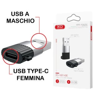 ADATTATORE DA USB MASCHIO A TYPE-C FEMMINA CON SUPPORTO TRASMISSIONE DATI E CARICA NERO E SILVER XO-NB149E XO