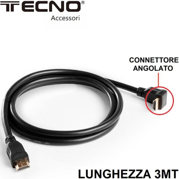 CAVO HDMI 1.4 TIPO A MASCHIO 19PIN/HDMI MASCHIO TIPO A 19PIN CON CONNETTORE ANGOLATO LUNGHEZZA 3MT 24.129 TECNO