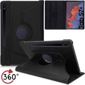 CUSTODIA per SAMSUNG GALAXY TAB S7 PLUS (2020, 12.4") SM-T970, SM-T975, SM-T976 - BOOK SIMILPELLE GIREVOLE CON STAND COLORE NERO