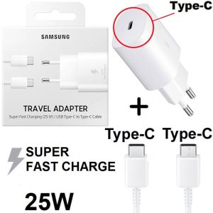 CARICATORE DA RETE 25W ORIGINALE SAMSUNG CON 1 PORTA TYPE-C (SUPER FAST CHARGING) + CAVO TYPE-C/TYPE-C BIANCO EP-TA800XWEGWW