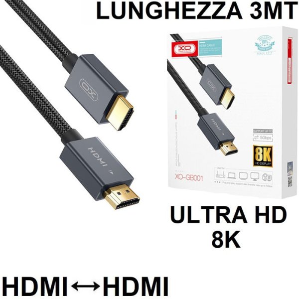 CAVO HDMI MASCHIO / HDMI MASCHIO 19 PIN VERSIONE 2.1 3D 8K ULTRA HD 60HZ CONNETTORI PLACCATI ORO - LUNGHEZZA 3MT NERO XO