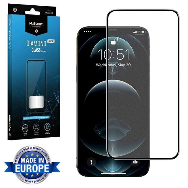 PELLICOLA per APPLE IPHONE 12 PRO MAX (6.7")- VETRO TEMPERATO FULL FACE 9H - FULL GLUE CORNICE NERA MYSCREEN DIAMOND LITE