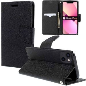 CUSTODIA per APPLE IPHONE 13 MINI (5.4") - FLIP ORIZZONTALE CON INTERNO IN TPU SILICONE, STAND E TASCHE PORTA CARTE COLORE NERO