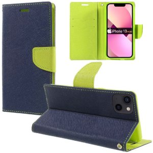 CUSTODIA per APPLE IPHONE 13 MINI (5.4") - FLIP ORIZZONTALE CON INTERNO IN TPU SILICONE, STAND E TASCHE PORTA CARTE COLORE BLU