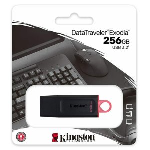 PEN DRIVE 256GB USB 3.2 GEN 1 - CAPPUCCIO DI PROTEZIONE USB COLORE NERO CON ASOLA DI AGGANCIO ROSSA DTX/256GB KINGSTON EXODIA