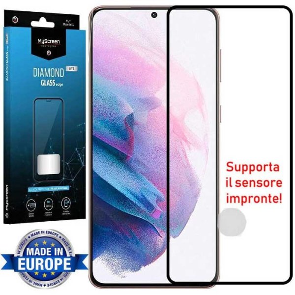 PELLICOLA per SAMSUNG GALAXY S21 5G - VETRO TEMPERATO FULL FACE - FULL GLUE CORNICE NERA MYSCREEN DIAMOND LITE - ATTENZIONE..