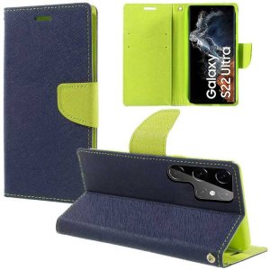 CUSTODIA per SAMSUNG GALAXY S22 ULTRA 5G (S908B) - FLIP ORIZZONTALE CON STAND, INTERNO IN TPU SILICONE E PORTA CARTE COLORE BLU