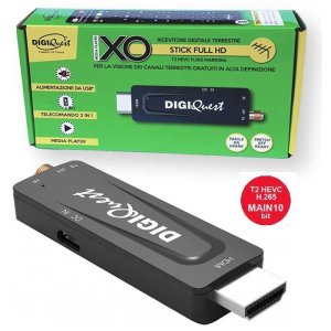 DECODER RICEVITORE DIGITALE TERRESTRE XO STICK T2 MAIN10 FULL HD 1080p RICD1236 CON TELECOMANDO 2IN1 COLORE NERO DIGIQUEST