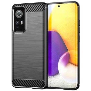 CUSTODIA per XIAOMI 12, 12X - IN GEL TPU SILICONE EFFETTO METALLICO CON INSERTI IN FANTASIA CARBONIO COLORE NERO