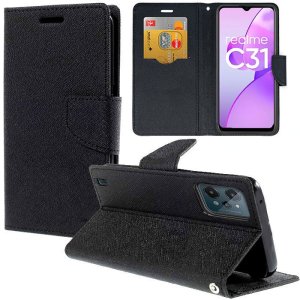 CUSTODIA per REALME C31 - FLIP ORIZZONTALE CON STAND, INTERNO IN TPU SILICONE E PORTA CARTE COLORE NERO