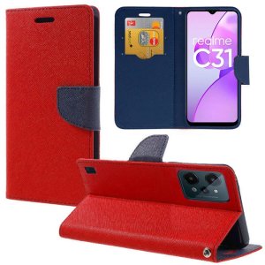 CUSTODIA per REALME C31 - FLIP ORIZZONTALE CON STAND, INTERNO IN TPU SILICONE E PORTA CARTE COLORE ROSSO