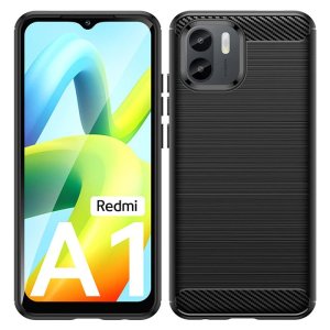 CUSTODIA per XIAOMI REDMI A1, REDMI A2 - IN GEL TPU SILICONE EFFETTO METALLICO CON INSERTI IN FANTASIA CARBONIO COLORE NERO