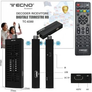 MINI DECODER RICEVITORE DIGITALE TERRESTRE HD 1080p DVB-T2 H.265 HEVC 10bit CON TELECOMANDO 2in1 COLORE NERO TC-6380 TECNO