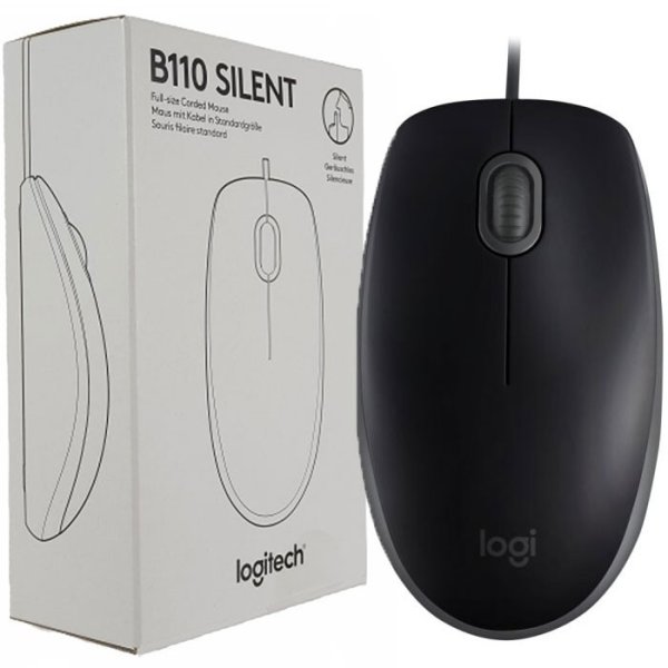 MOUSE USB (CON CAVO) LOGITECH B110 SILENT SENSORE OTTICO 1000 DPI, 3 TASTI E ROTELLINA SCROLL LUNGHEZZA FILO 1.8 MT COLORE NERO