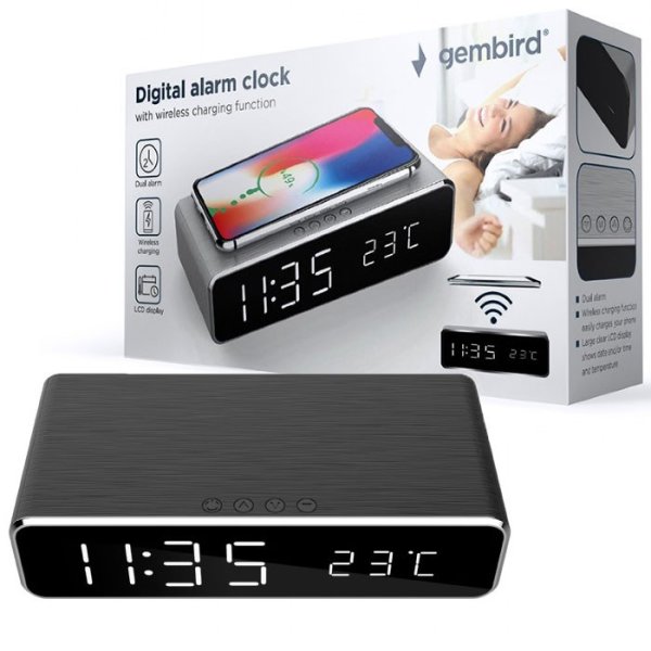 OROLOGIO SVEGLIA DIGITALE CON FUNZIONE DI RICARICA WIRELESS 5W CON DISPLAY LCD PER ORA, DATA E TEMPERATURA DAC-WPC-01 GEMBIRD