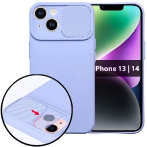 CUSTODIA per APPLE IPHONE 13, IPHONE 14 (6.1") IN SILICONE CON SLOT PER FOTOCAMERA SCORREVOLE E INTERNO IN MICROFIBRA LAVANDA