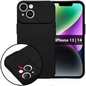 CUSTODIA per APPLE IPHONE 13, IPHONE 14 (6.1") IN SILICONE CON SLOT PER FOTOCAMERA SCORREVOLE E INTERNO IN MICROFIBRA NERO