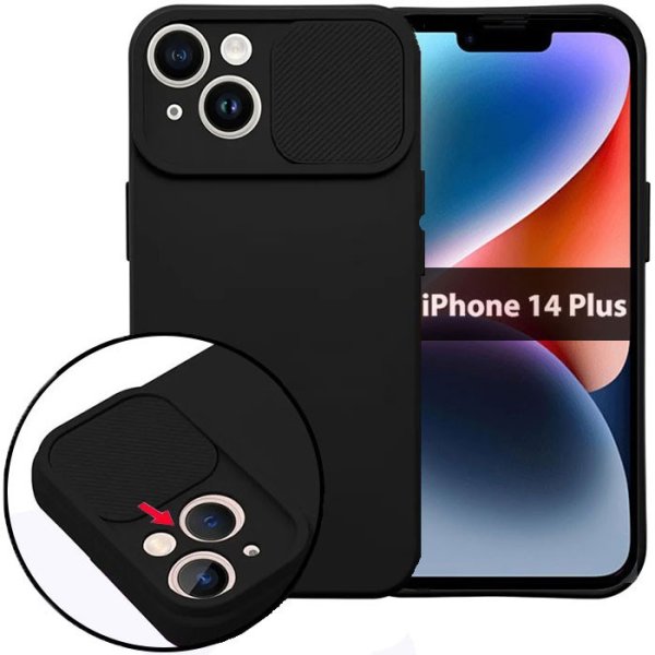 CUSTODIA per APPLE IPHONE 14 PLUS (6.7") IN SILICONE CON SLOT PER FOTOCAMERA SCORREVOLE E INTERNO IN MICROFIBRA NERO