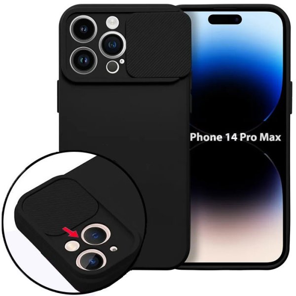 CUSTODIA per APPLE IPHONE 14 PRO MAX (6.7") IN SILICONE CON SLOT PER FOTOCAMERA SCORREVOLE E INTERNO IN MICROFIBRA NERO