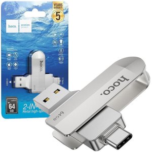 PEN DRIVE 64GB 2in1 CON ATTACCO USB 3.0 E TYPE-C VELOCITA' IN LETTURA FINO A 120MB/s IN METALLO COLORE SILVER OTG UD10 HOCO