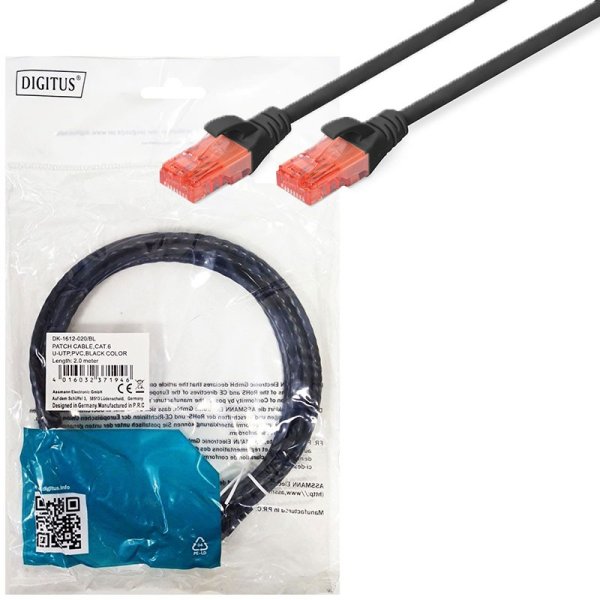 CAVO DI RETE PATCH CAT6 - LUNGHEZZA 2 MT - U/UTP IN RAME CONNETTORI RJ-45 COLORE NERO DK-1612-020/BL DIGITUS