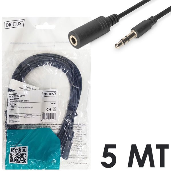 PROLUNGA AUDIO STEREO JACK 3,5mm MASCHIO / 3,5mm FEMMINA - LUNGHEZZA 5 METRI COLORE NERO DIGITUS AK-510200-050-S