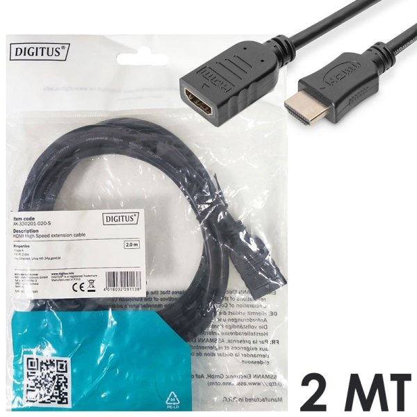 PROLUNGA HDMI MASCHIO/FEMMINA - LUNGHEZZA 2 MT - HIGH SPEED CON ETHERNET COLORE NERO DIGITUS AK-330201-020-S