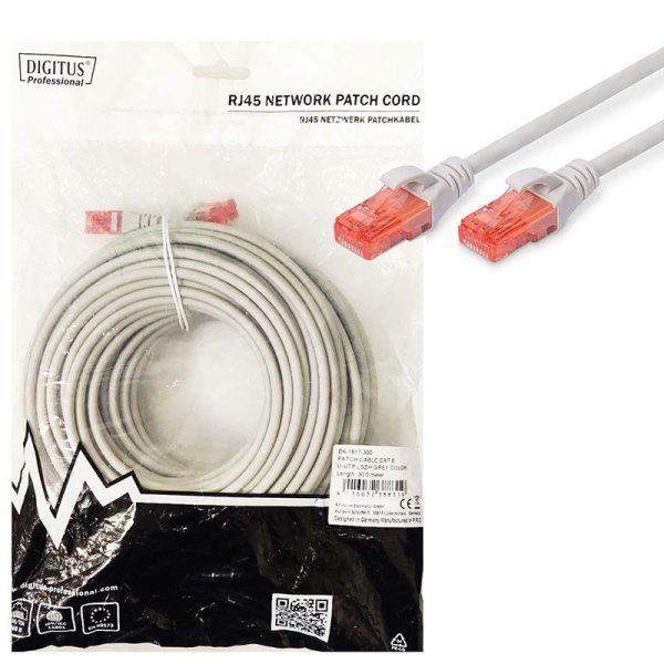 CAVO DI RETE PATCH CAT6 - LUNGHEZZA 30 MT - U/UTP IN RAME CONNETTORI RJ-45 COLORE GRIGIO DK-1617-300 DIGITUS