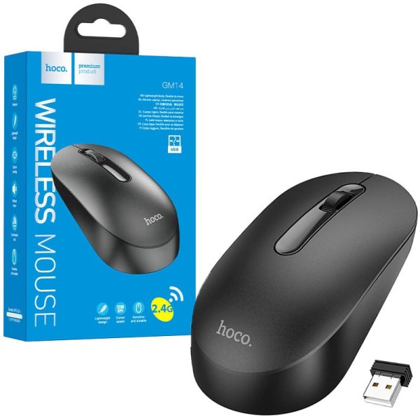 MOUSE WIRELESS 2.4G RISOLUZIONE 1200 DPI CON 4 TASTI E ROTELLINA SCROLL - CONFORTEVOLE E SILENZIOSO COLORE NERO GM14 HOCO