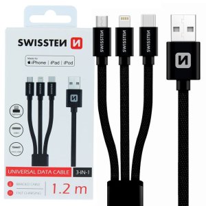 CAVO USB 3IN1 con CONNETTORE TYPE-C, MICRO USB E LIGHTNING (CERTIFICATO MFI) - CAVO IN TESSUTO LUNGHEZZA 1.2 MT NERO SWISSTEN