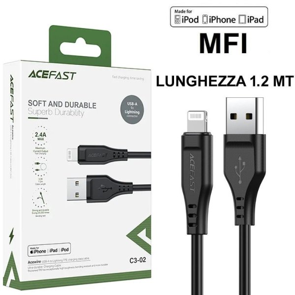 CAVO USB LIGHTNING con CERTIFICATO MFI - LUNGHEZZA 1.2 MT COLORE NERO C3-02 ACEFAST BLISTER