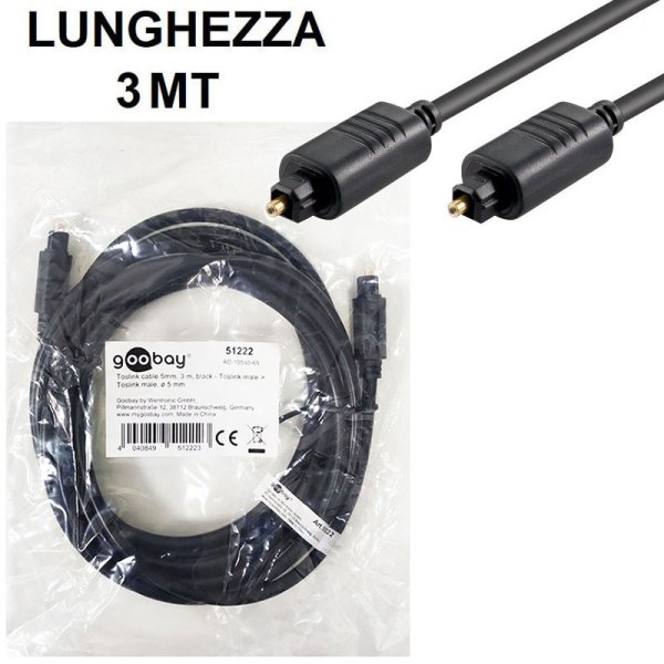 CAVO AUDIO IN FIBRA OTTICA DIGITALE TOSLINK DA CONNETTORE TIPO A MASCHIO a TIPO A MASCHIO LUNGHEZZA 3 MT NERO 51222 GOOBAY