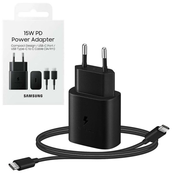 CARICATORE DA RETE 15W ORIGINALE SAMSUNG CON 1 PORTA TYPE-C (FAST CHARGING) + CAVO TYPE-C/TYPE-C 3A/1 MT NERO EP-T1510XBEGEU